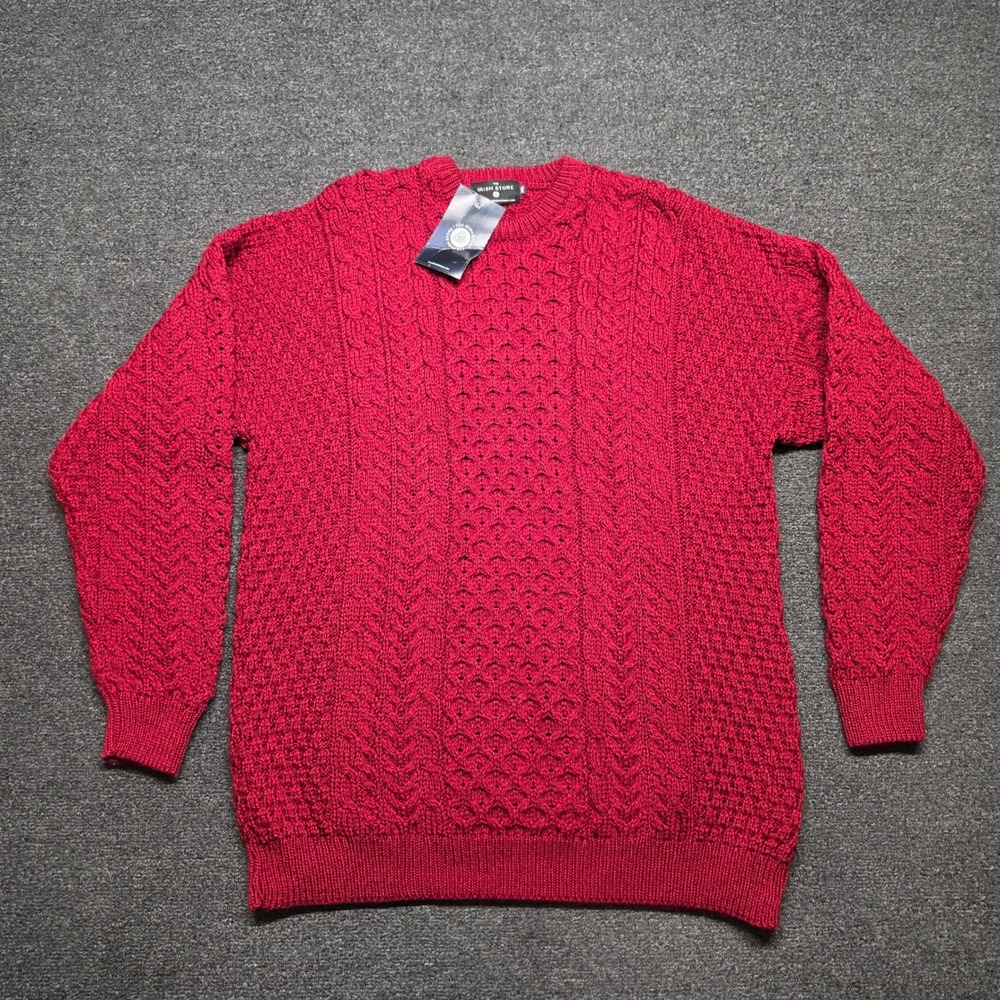 The Irish Store Aran Sweater Red Mens XXL Merino Wool Cable Knit Ireland NEW